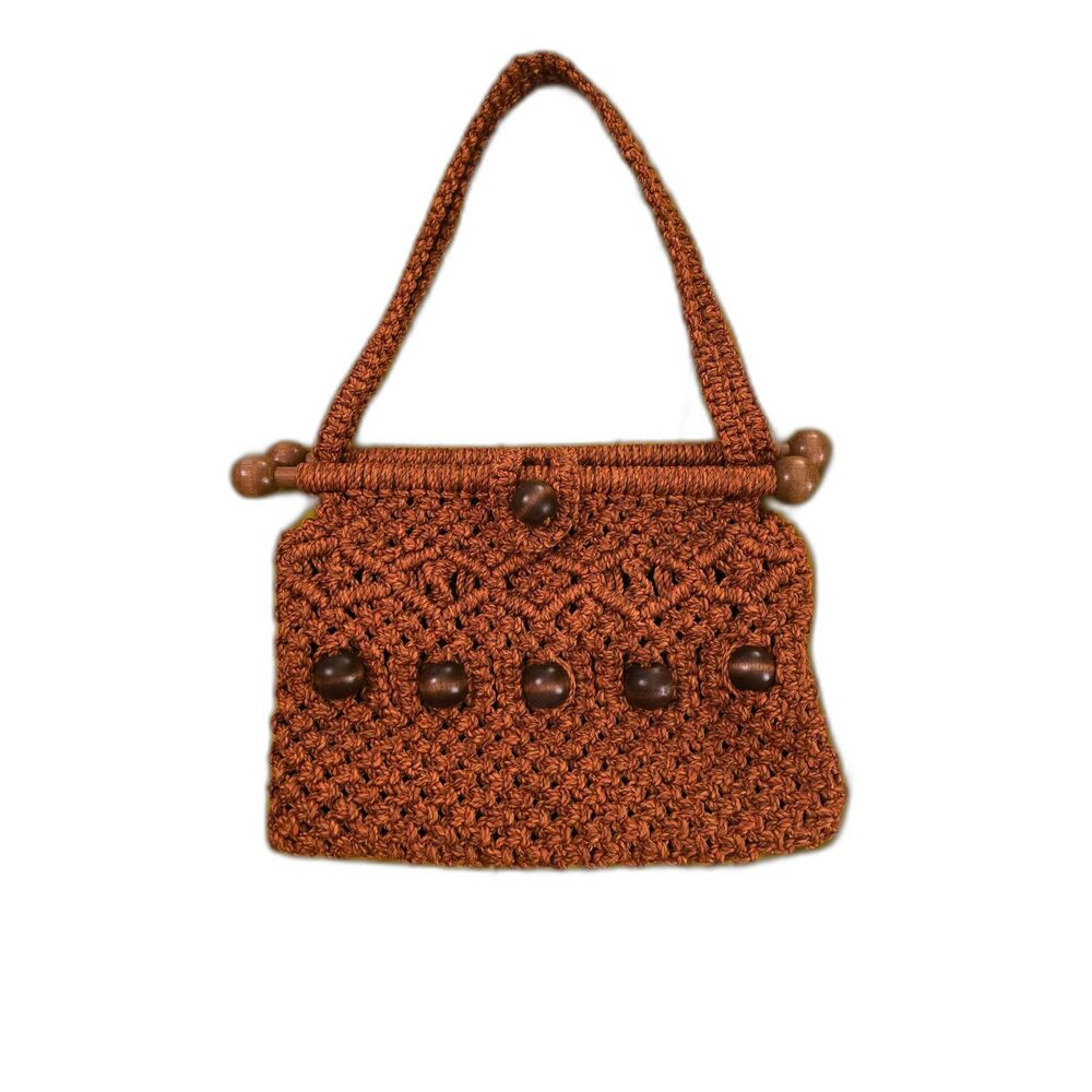 Vintage 70's Macrame Handbag w/ Wood Beads